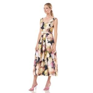 NWT Kay Unger Perry Midi Dress Black Watercolor Multicolor Square Neck Pockets 8